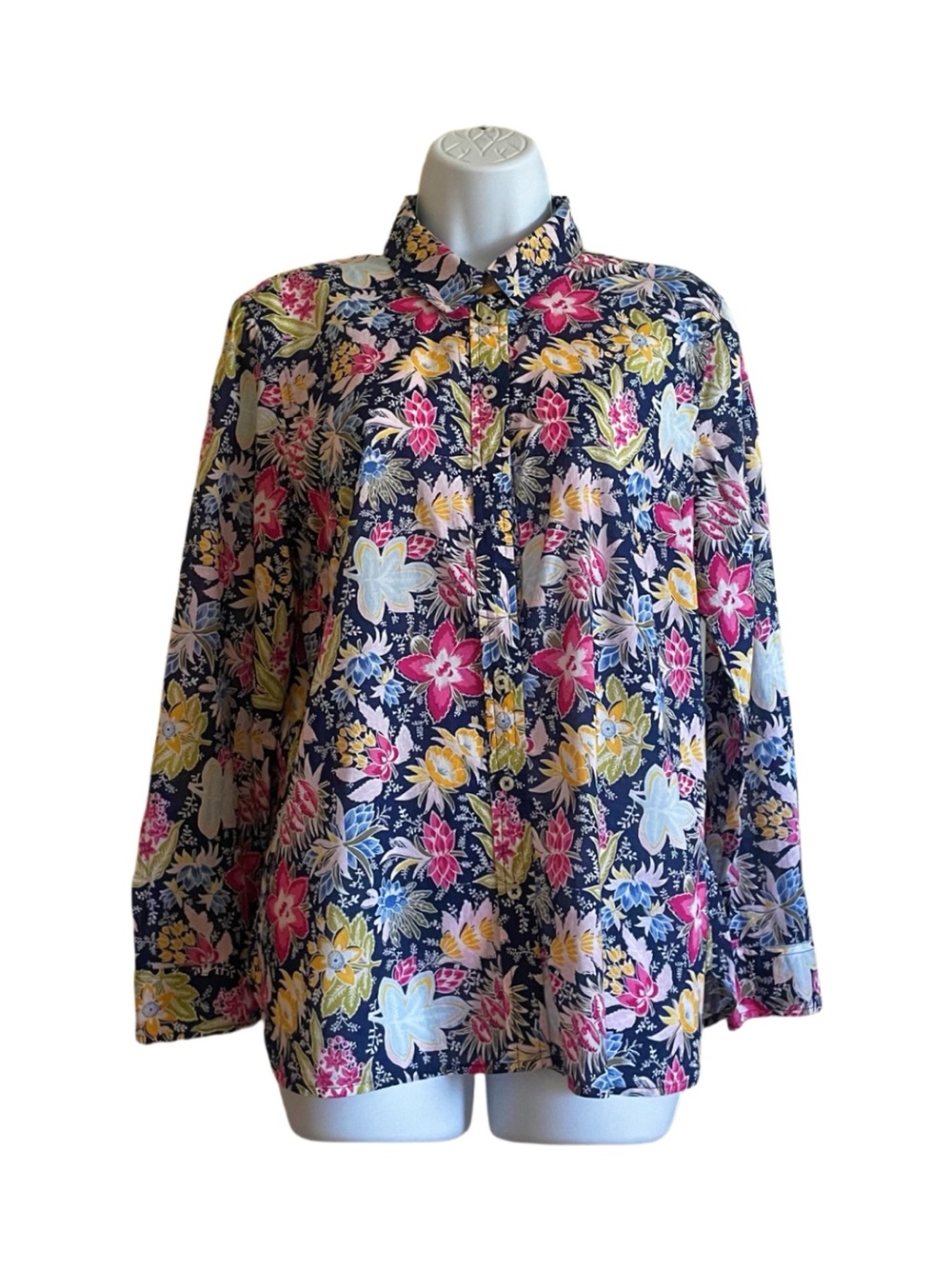 Talbots Navy Floral Button-Down Shirt with Pink and Yellow Blooms